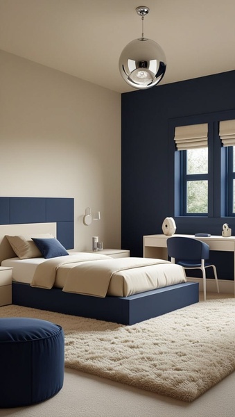 bedroom furniture, modern bed frame, bedroom nightstands, modern desk, bedroom chair, lifestyle, calm, luxurious, blue, neutral